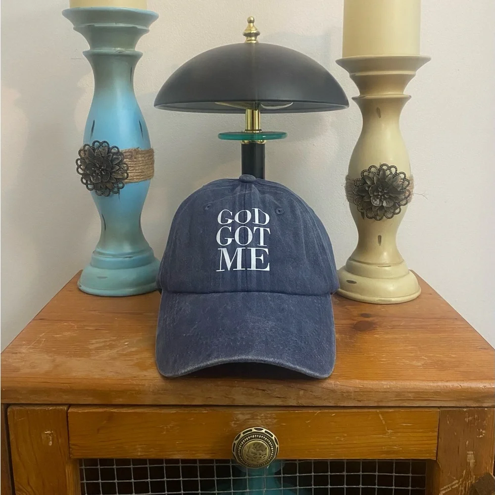🙌🏽 ✨3 for $30 GOD GOT ME. Washed Denim Graphic Hat. Color: Blue/Black/ White - Picture 3 of 6